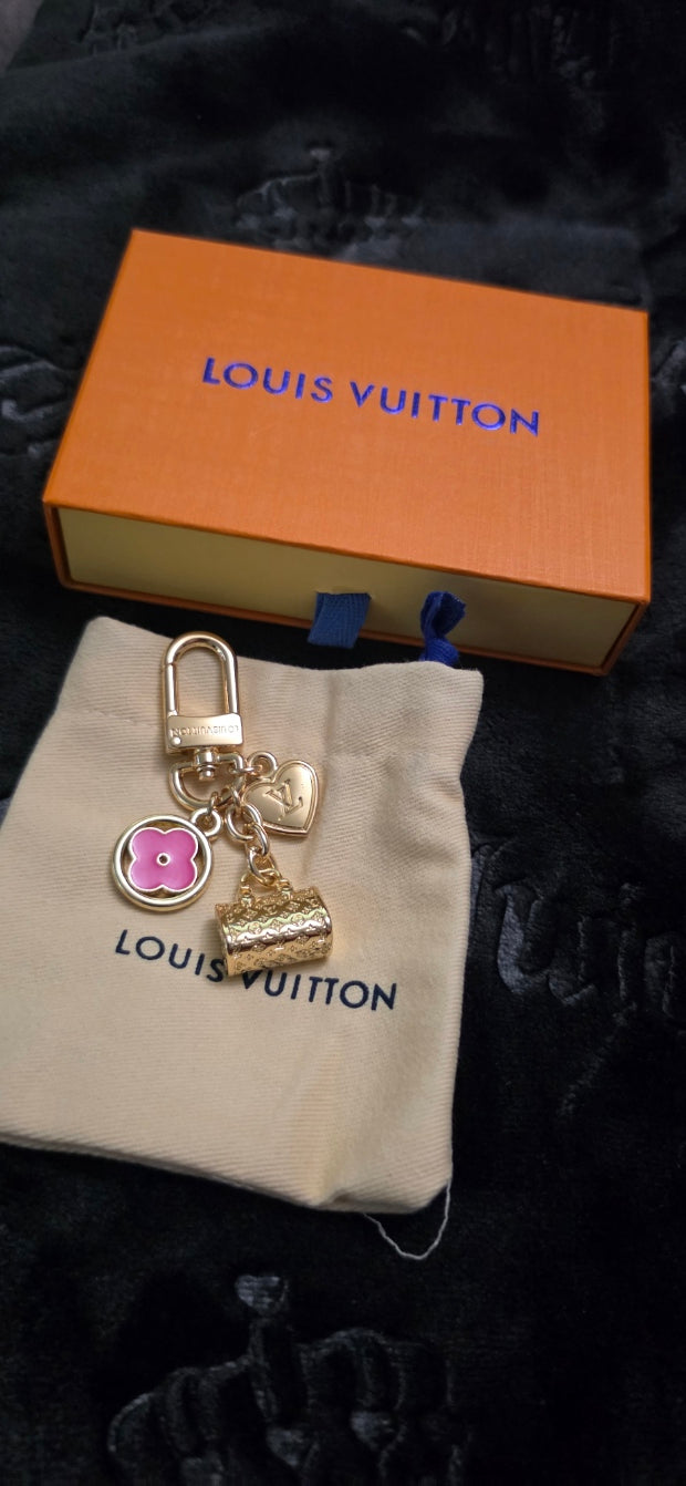 LV Gold Bag Charm- Pink Flower/Gold Purse and Heart