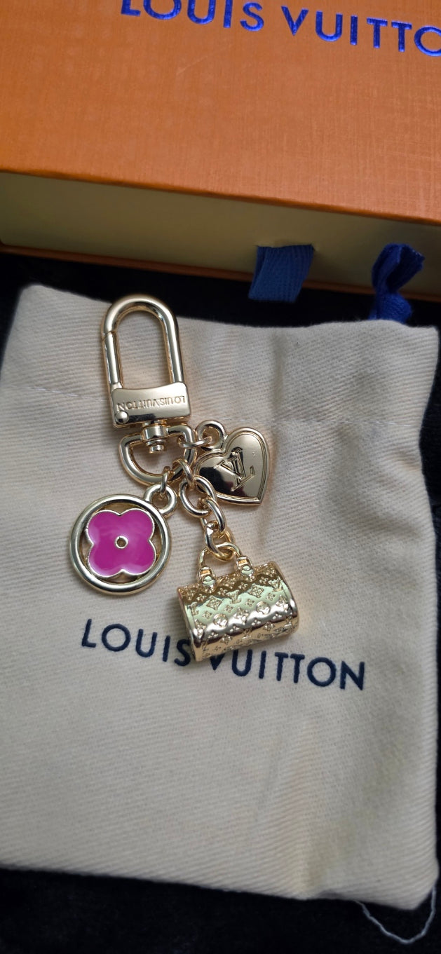 LV Gold Bag Charm- Pink Flower/Gold Purse and Heart